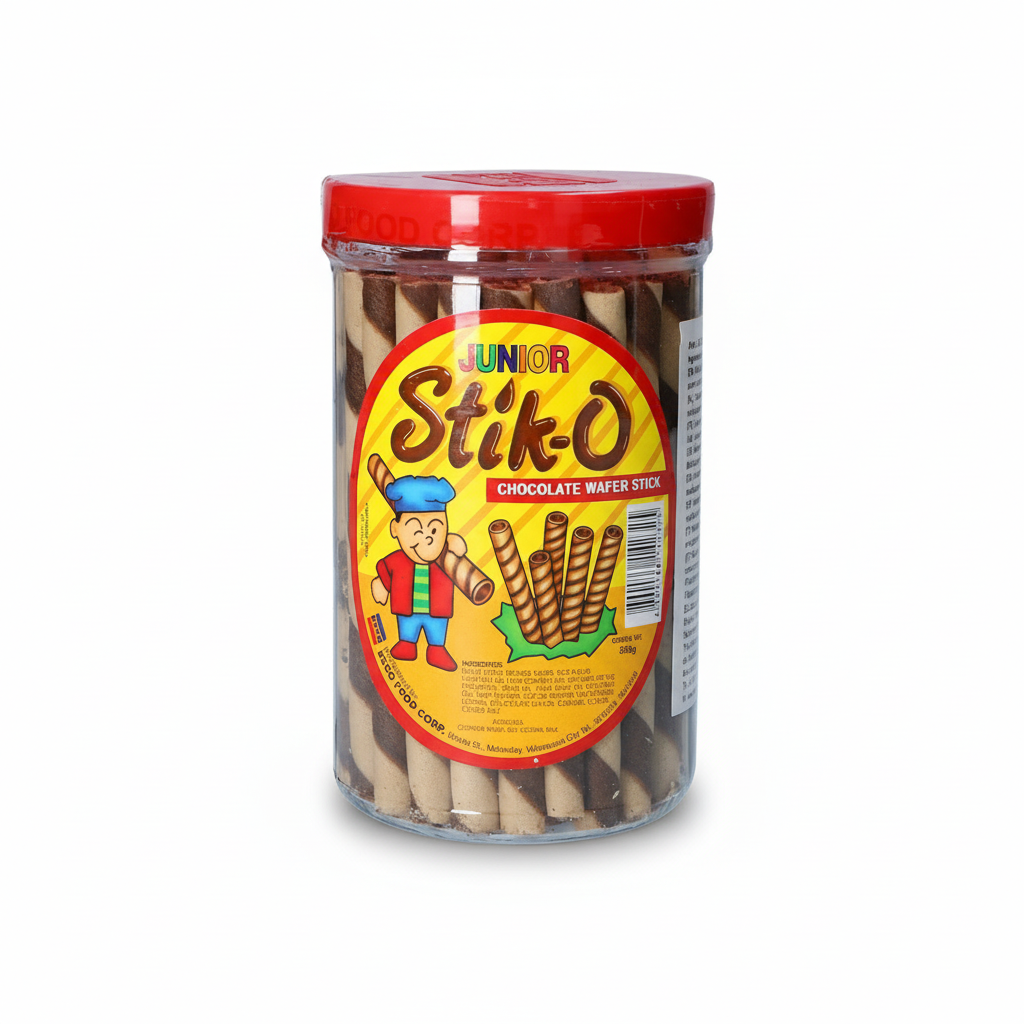 Jar of Junior Stik-O chocolate wafer sticks with a colorful label on a white background.