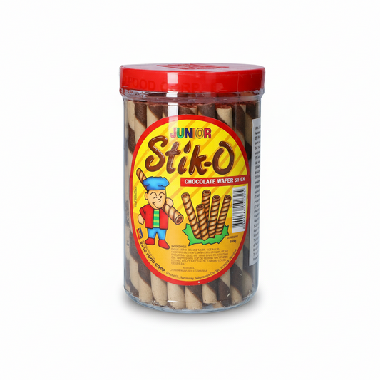 Jar of Junior Stik-O chocolate wafer sticks with a colorful label on a white background.