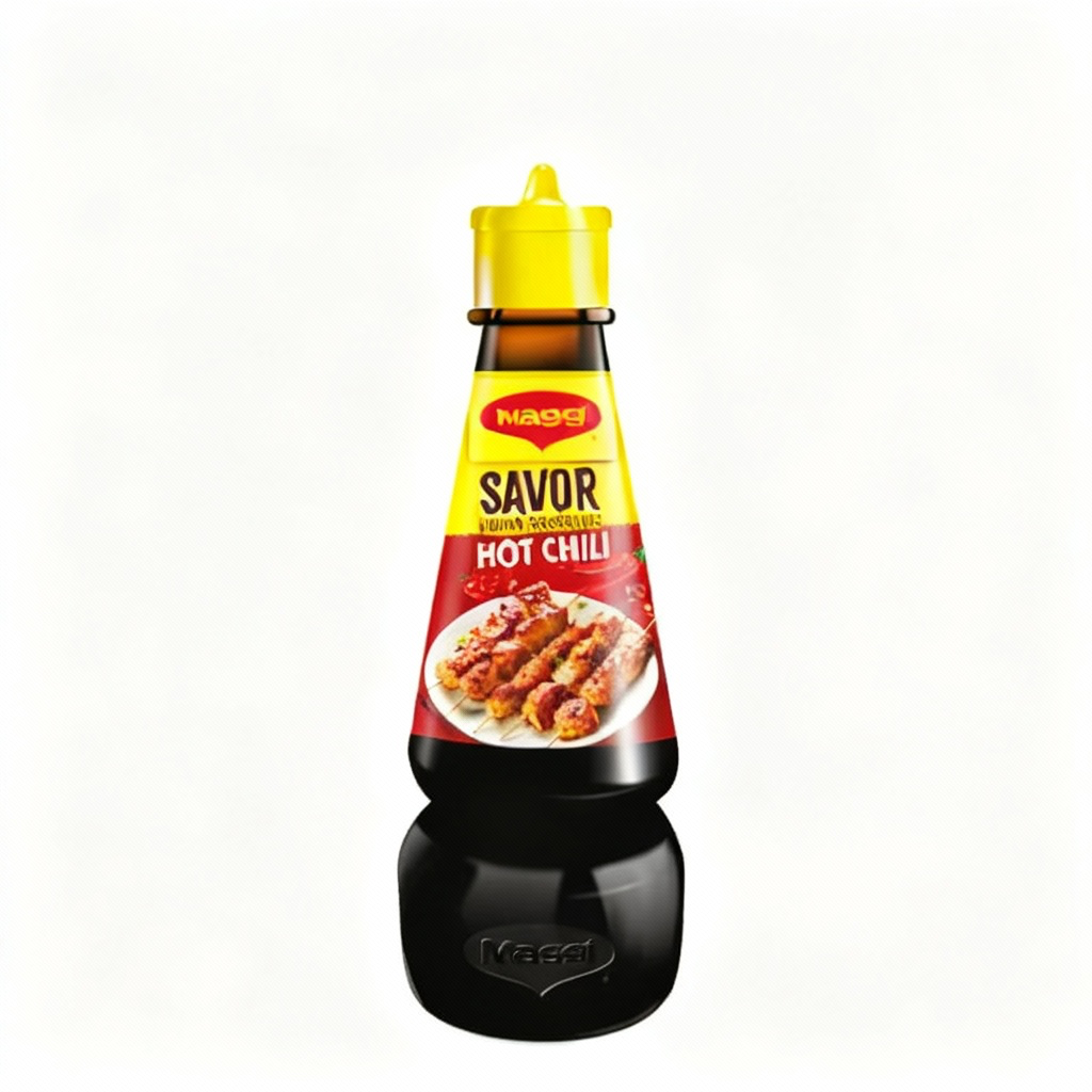 Maggi Savor Hot Chili liquid seasoning bottle on a white background