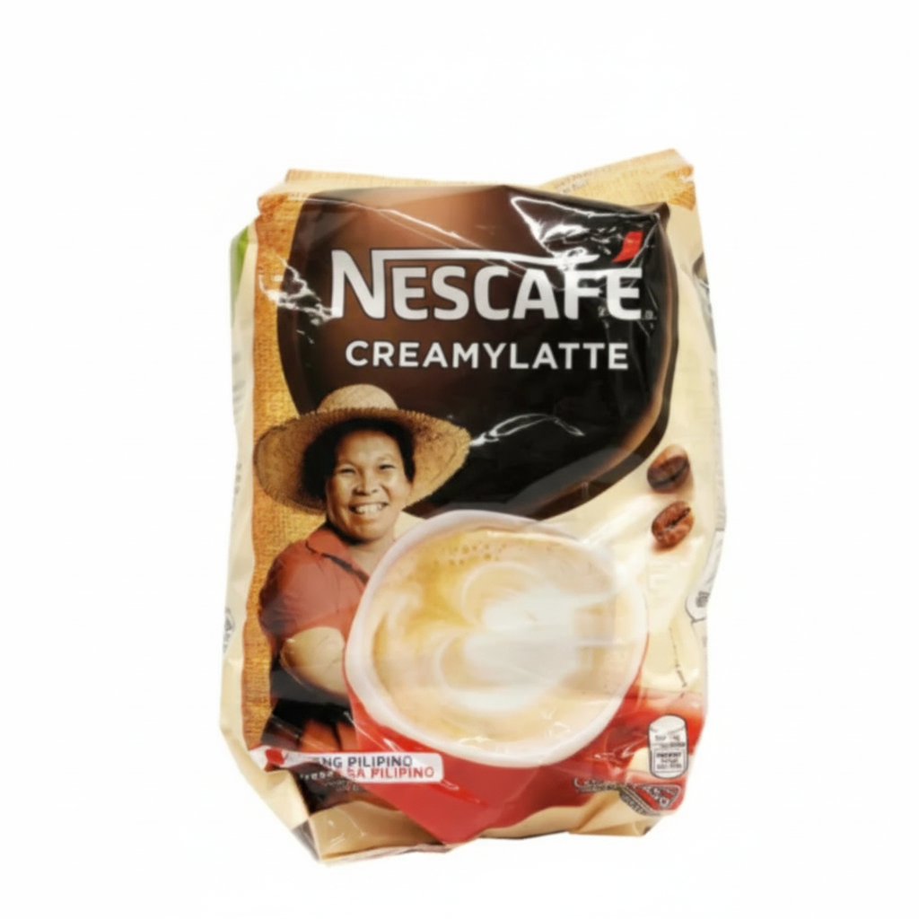 Nescafe Creamy Latte packaging with a smiling woman and coffee cup on a white background