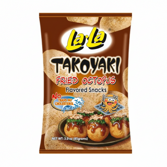 Packaging of La La Takoyaki Fried Octopus Flavored Snacks on a white background