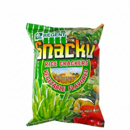 Packaged rice crackers with vegetable flavor on a white background