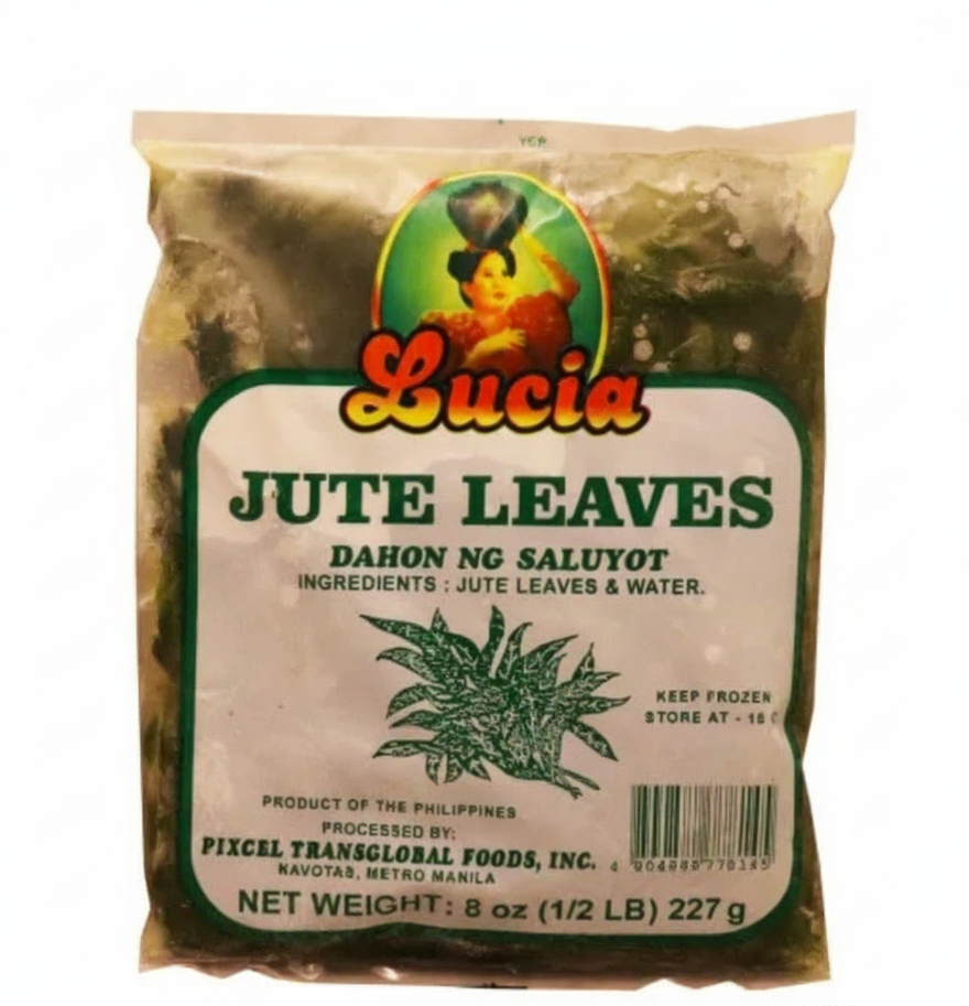 Packaged jute leaves with Lucia brand label on a white background