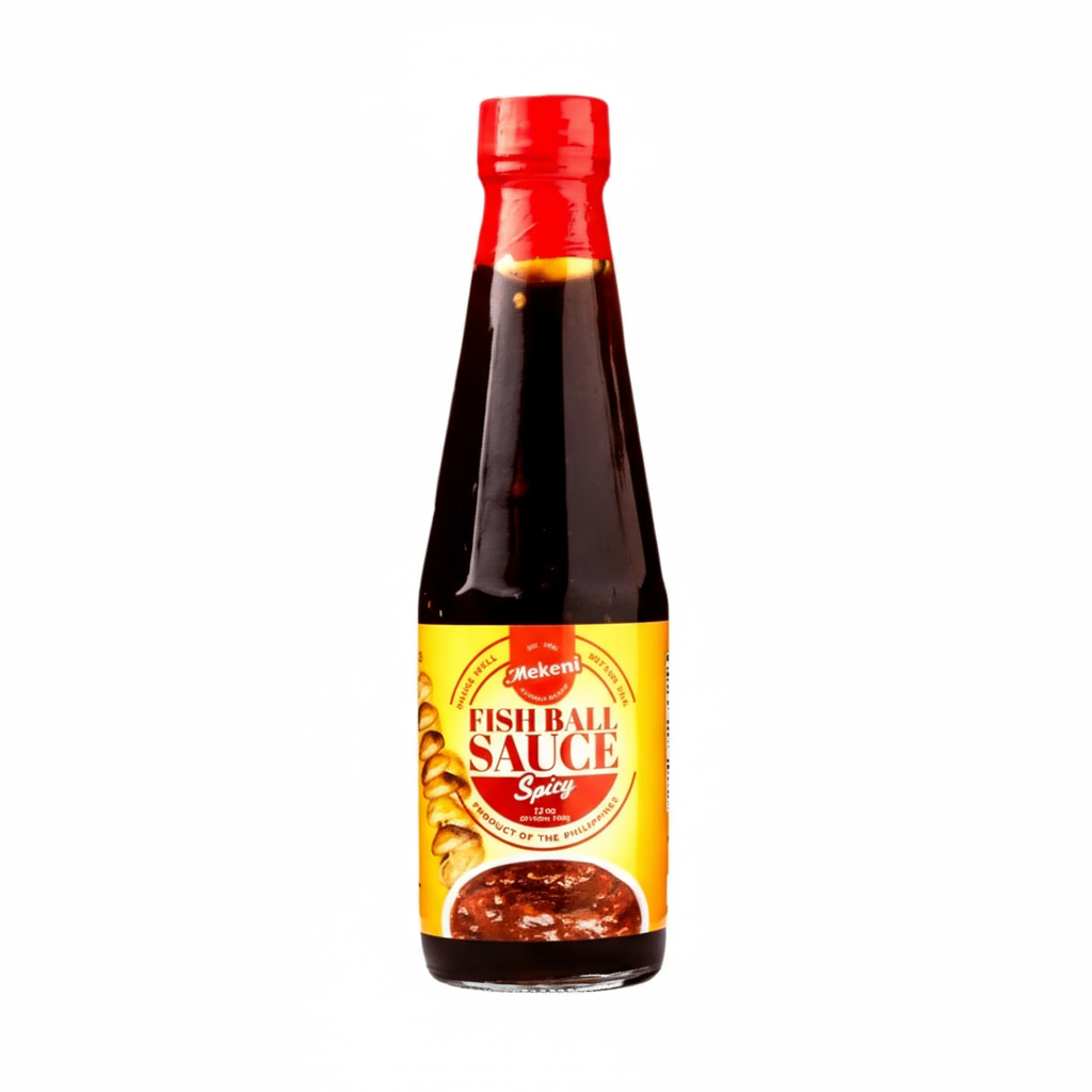 Bottle of fish ball sauce with a red cap on a white background