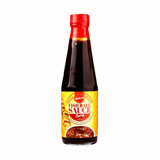 Bottle of fish ball sauce with a red cap on a white background