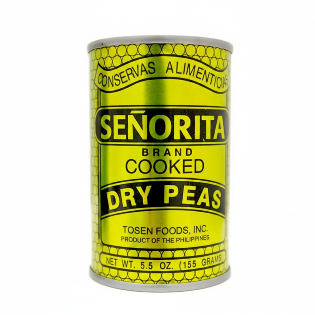 Can of Senorita brand cooked dry peas on a white background