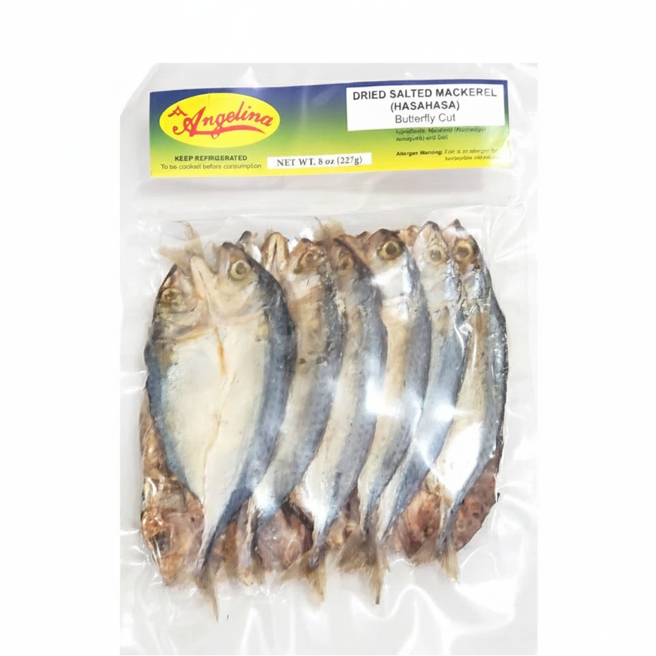 Packaged dried salted mackerel with Angelina brand label on a white background