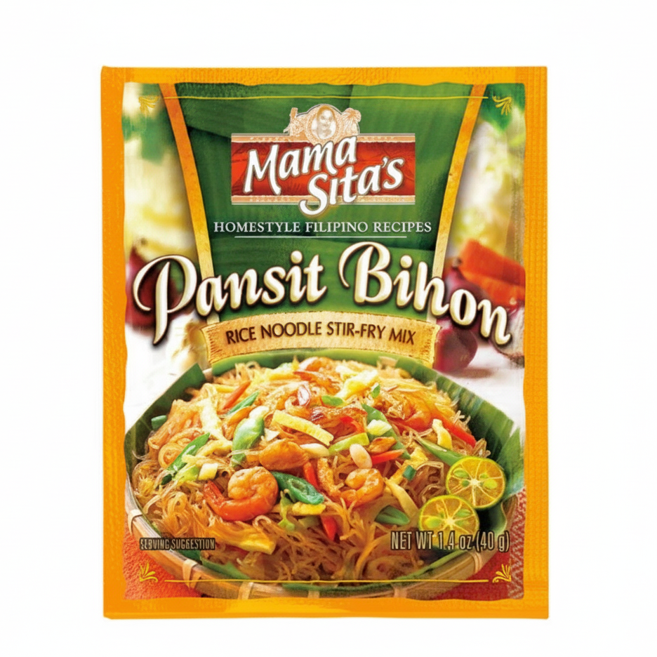 Packaging of Mama Sita's Pansit Bihon rice noodle stir-fry mix on a white background