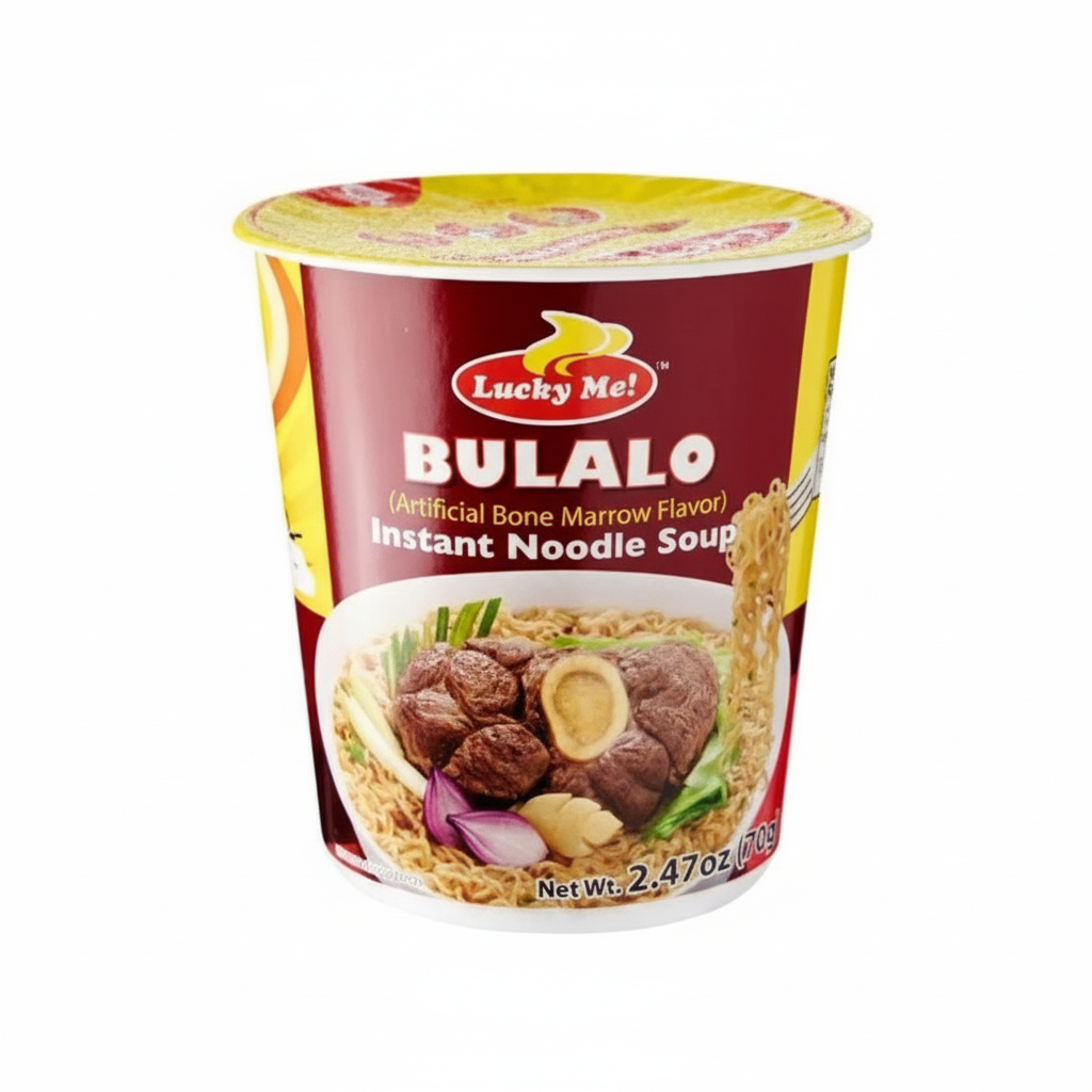 Lucky Me Bulalo instant noodle soup cup on a white background
