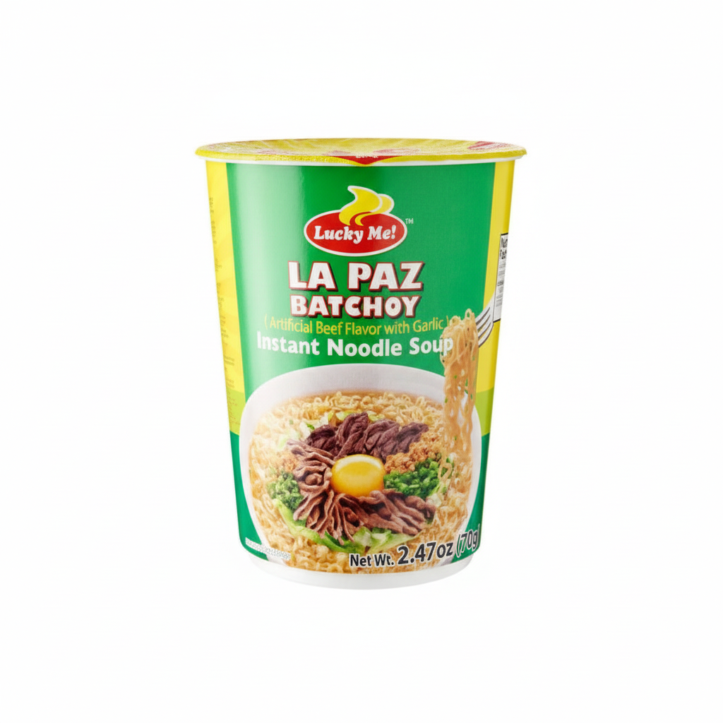 Lucky Me La Paz Batchoy instant noodle soup cup on a white background