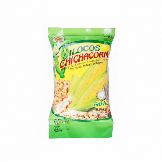 Packaged snack with garlic flavor on a white background