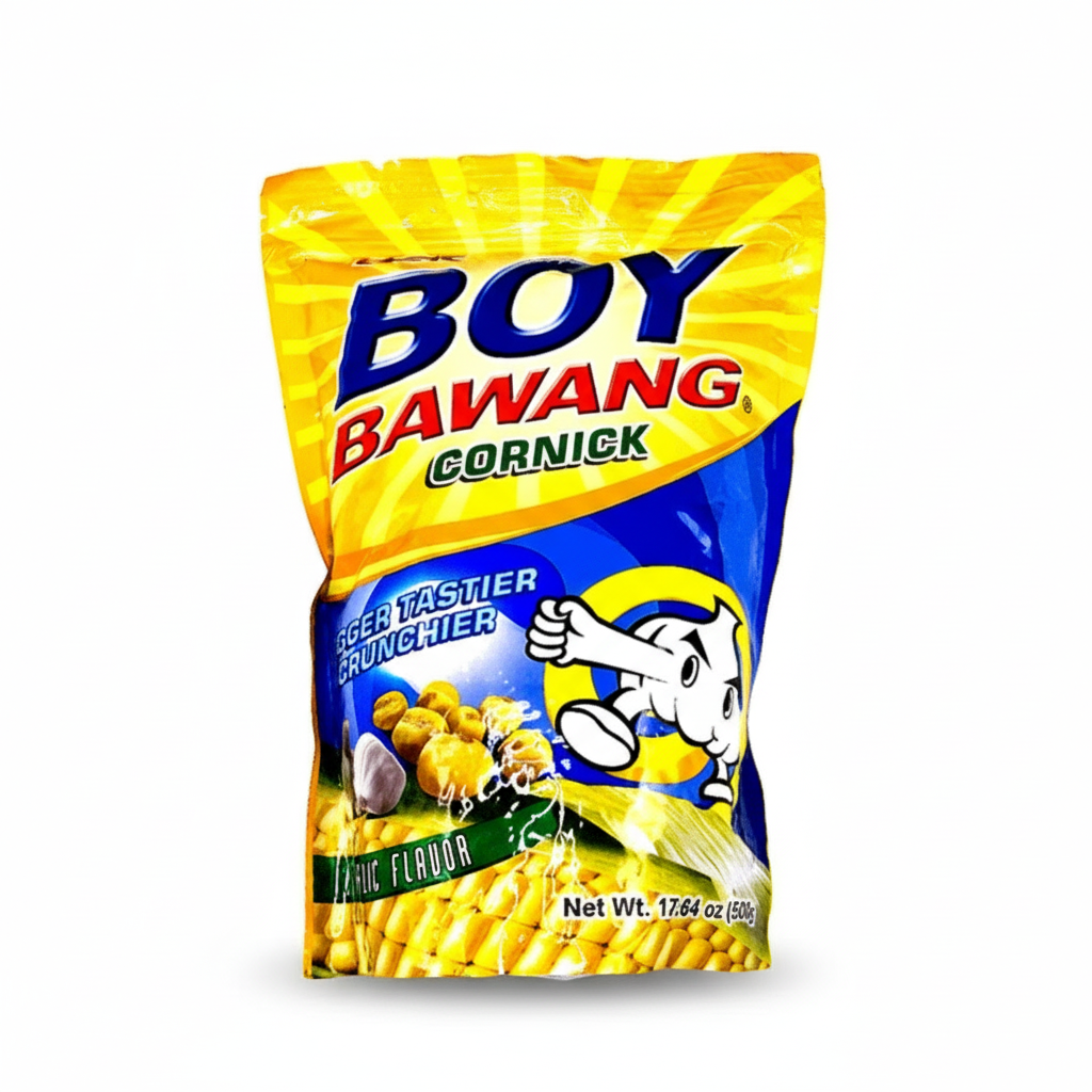 Bag of Boy Bawang Cornick with yellow and blue design on a white background