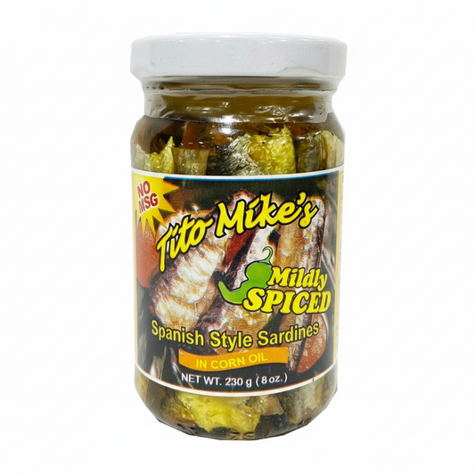 Jar of Tito Mike's Mildly Spiced Spanish Style Sardines on a white background