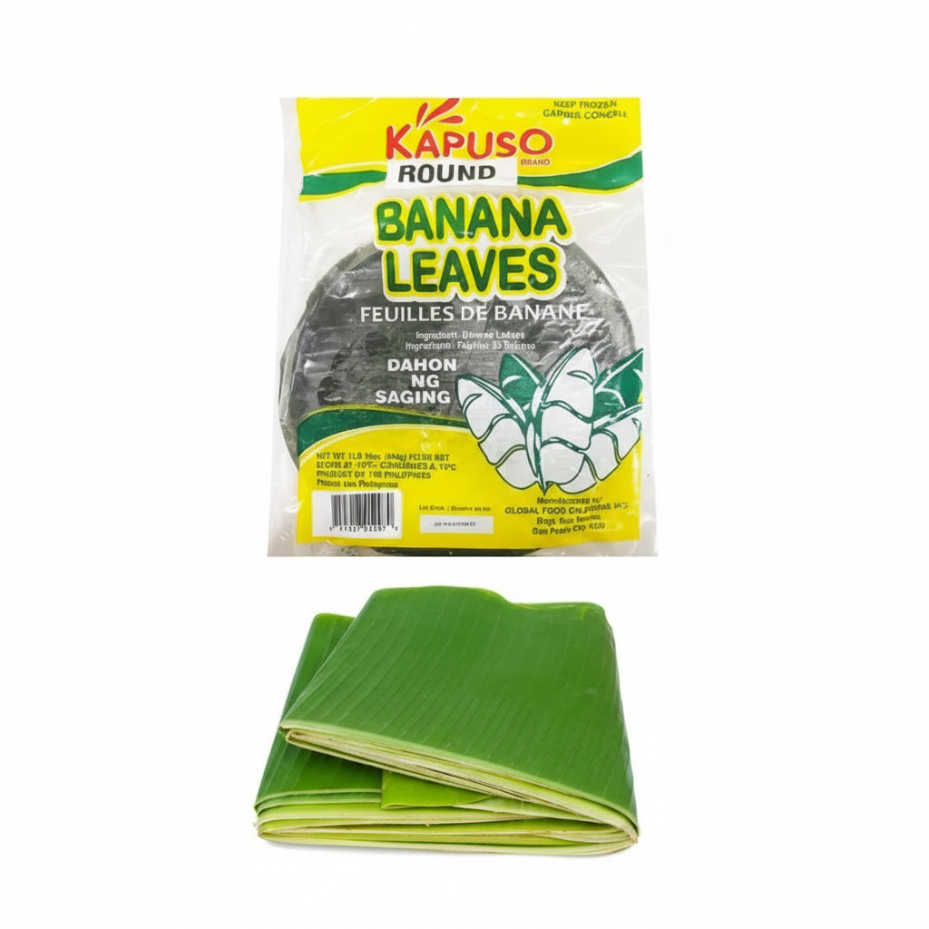 Kapuso Round Banana Leaves packaging with a sample leaf on a white background