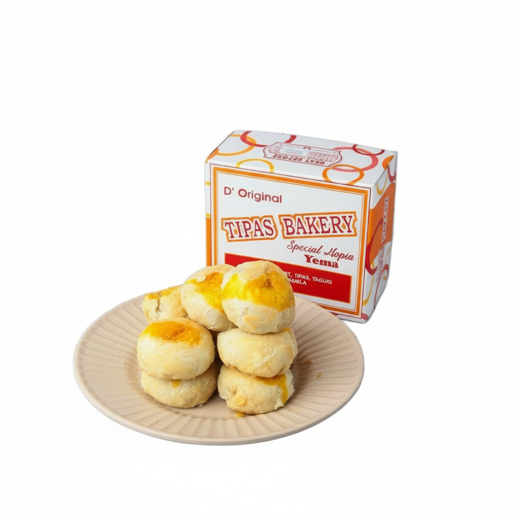 Yema cookies on a plate with Tipas Bakery packaging in the background