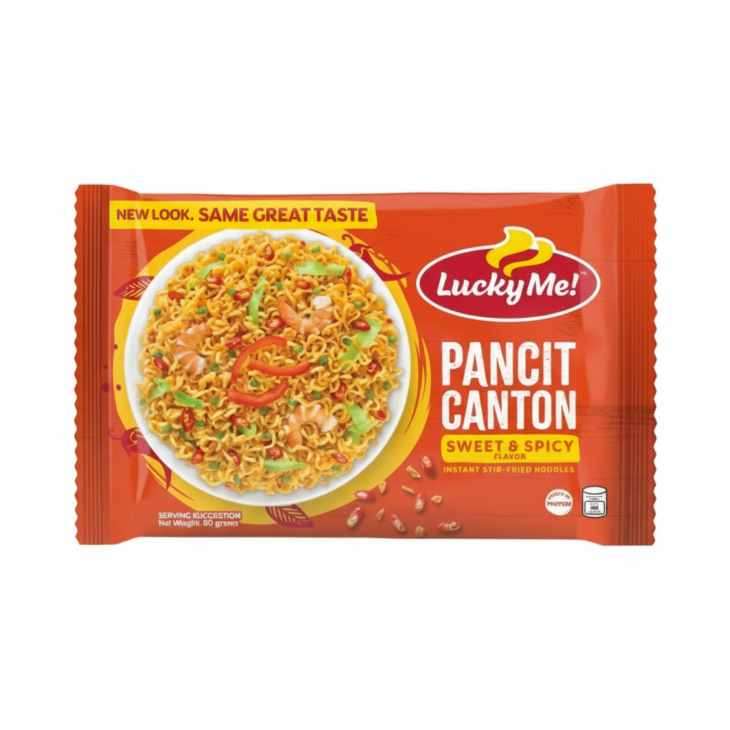 Lucky Me Pancit Canton instant stir-fried noodles packaging on a white background