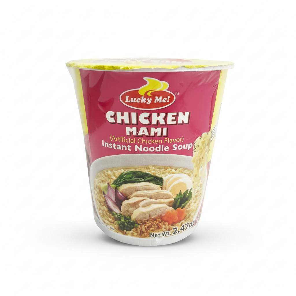 Lucky Me Chicken Mami instant noodle soup package on a white background