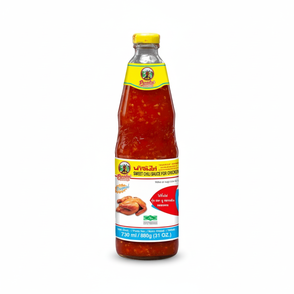 Bottle of chili sauce with a colorful label on a white background