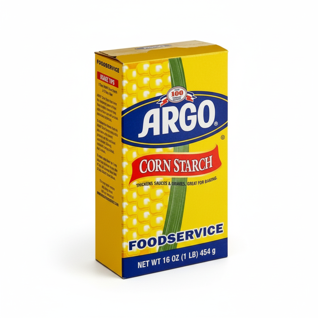 Box of Argo corn starch thickens sauces and Gavies great for Baking on a white background Food Service 454g