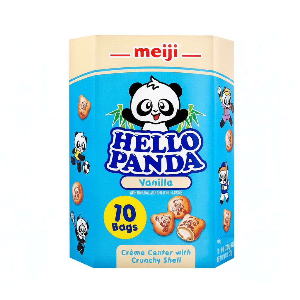 Meiji Hello Panda vanilla cookies packaging on a white background