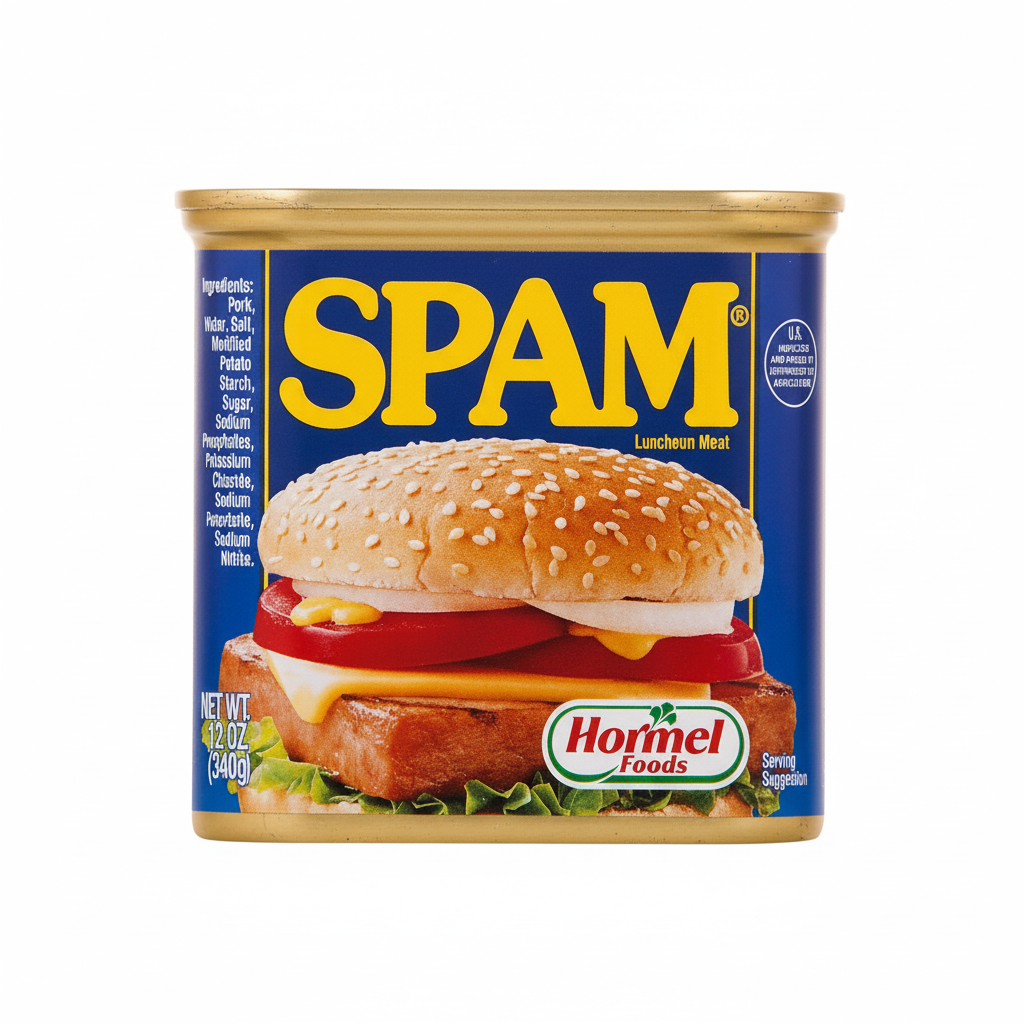 SPAM can with a hamburger graphic on a white background