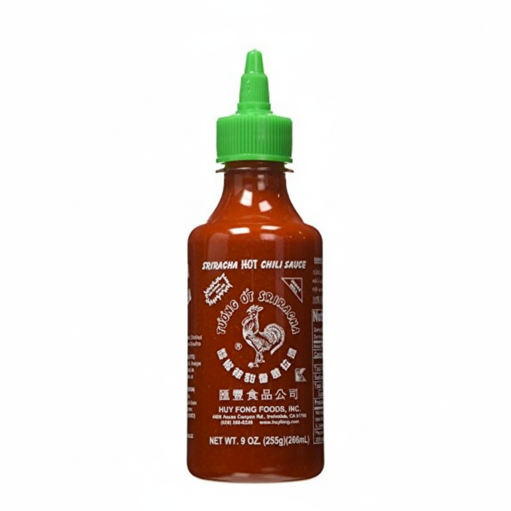 Bottle of Sriracha hot chili sauce with a green cap on a white background, featuring the brand logo.