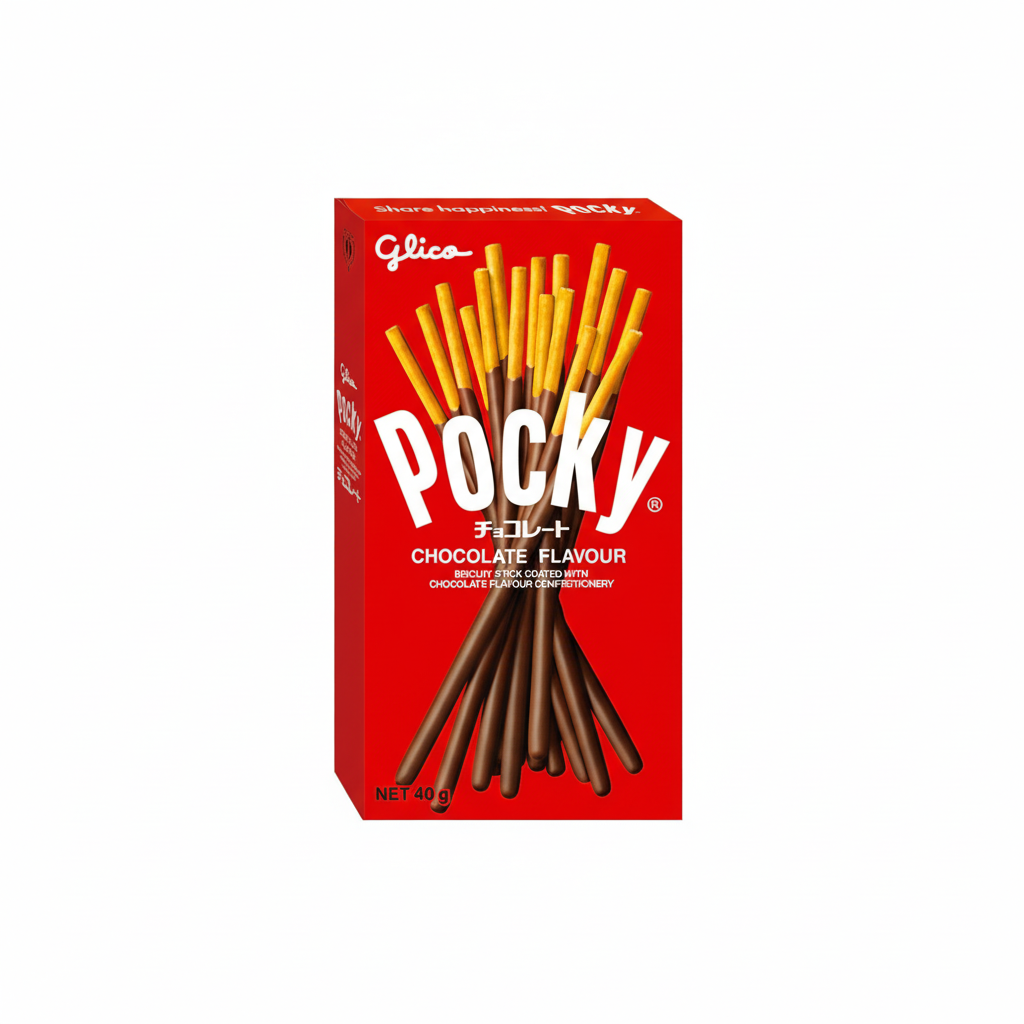 Pocky chocolate flavor packaging with red background