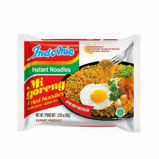 Indomie Mi Goreng Fried Noodles packaging with a colorful label on a white background