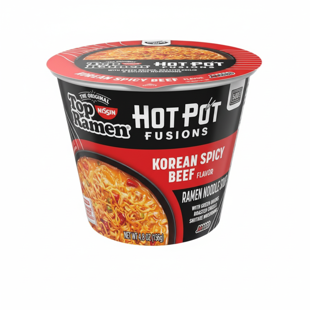 Top Ramen Hot Pot Fusions Korean Spicy Beef flavor packaging on a white background