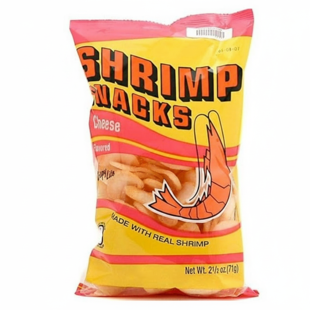 Bag of shrimp snacks with a yellow and red label on a white background