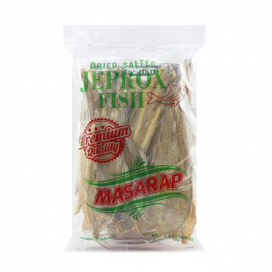 Packaged dried salted fish with 'Jeprox Fish' branding on a white background