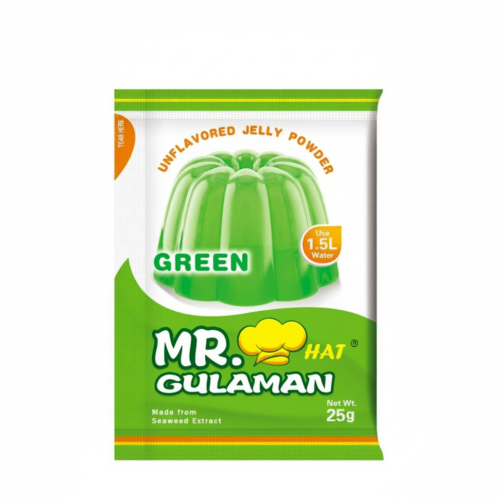 Green package of Mr. Hat Gulaman unflavored jelly powder on a white background
