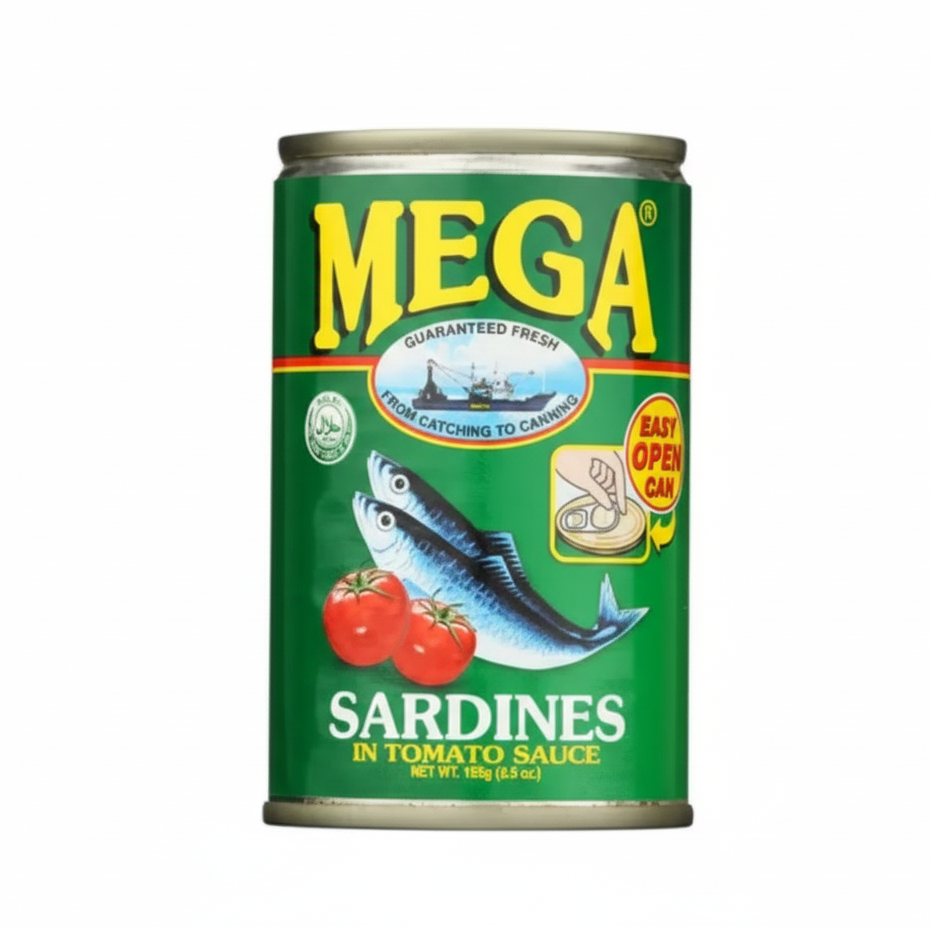 Can of Mega sardines in tomato sauce on a white background