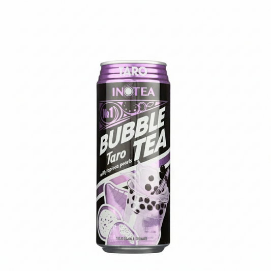 Inotea Bubble Tea can with purple and black design on a white background