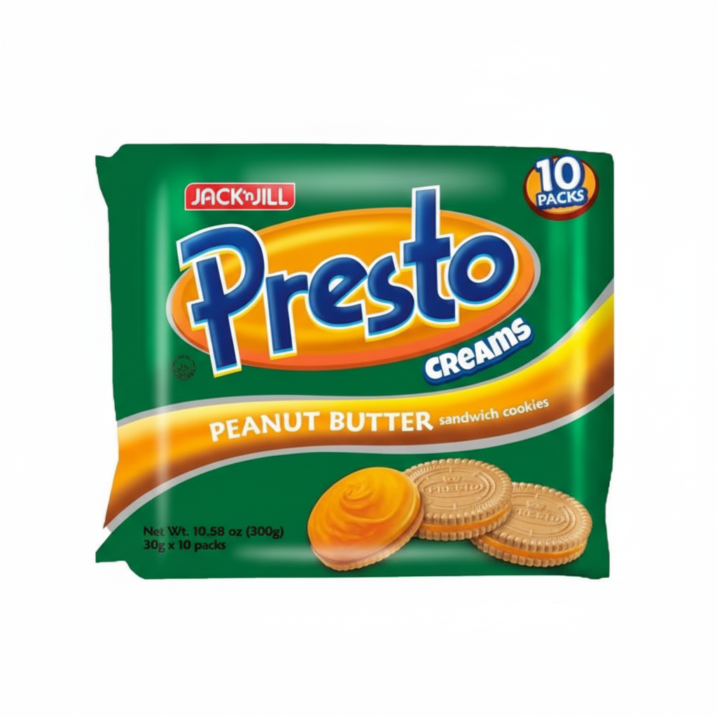 Packaging of Jack N' Jill Presto Creams Peanut Butter sandwich cookies on a white background