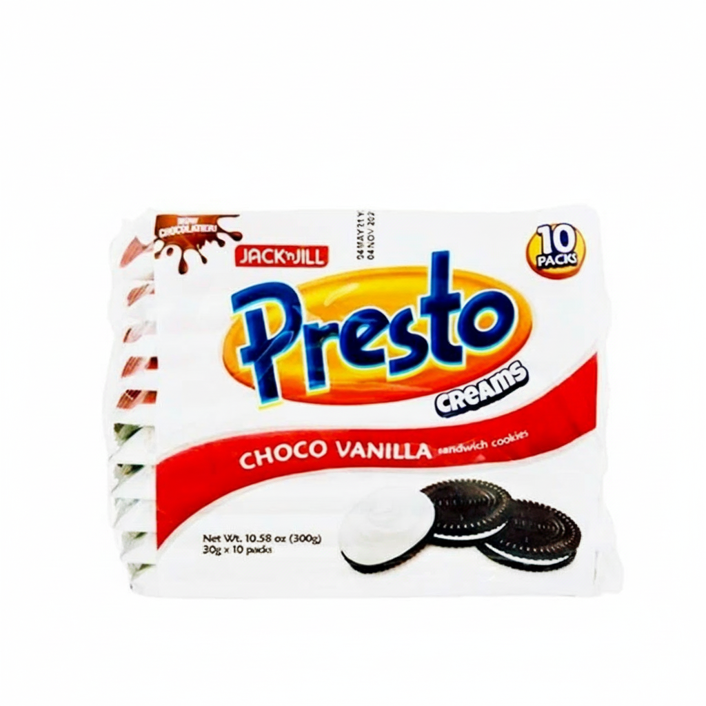 Pack of Jack & Jill Presto Choco Vanilla cream cookies on a white background