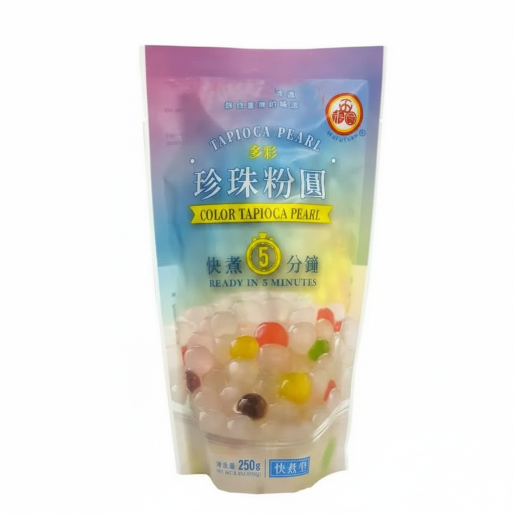 Package of colored tapioca pearls with brand logo on a white background