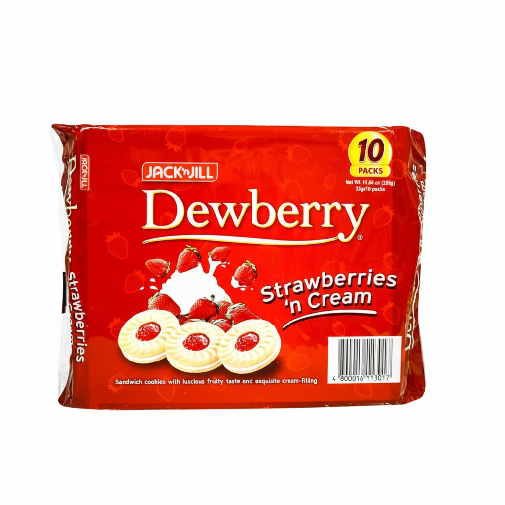 Pack of Jack n' Jill Dewberry Strawberries 'n Cream cookies on a white background