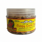 Jar of Lucia Crispy Garlic Chips with yellow label on a white background
