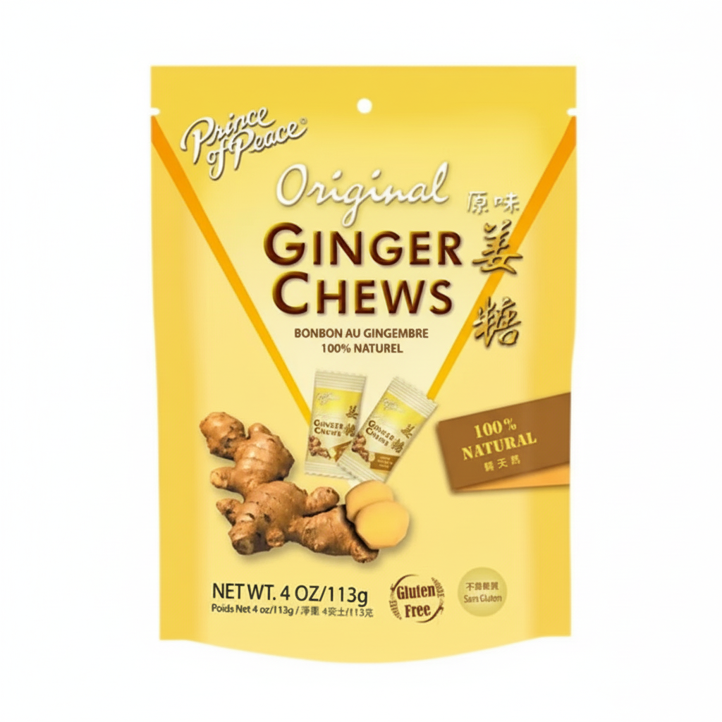 Yellow package of Prince of Peace Original Ginger Chews with ginger images on a white background.