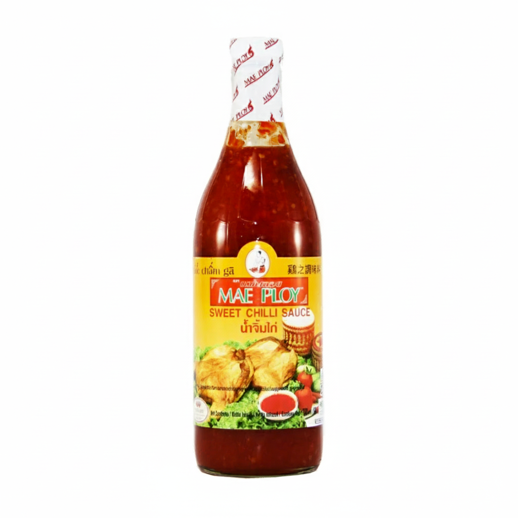 Bottle of Mae Ploy Sweet Chilli Sauce on a white background