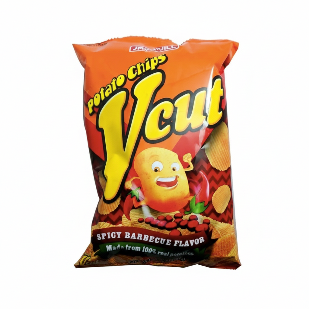 Vcut potato chips packet with spicy barbecue flavor on a white background