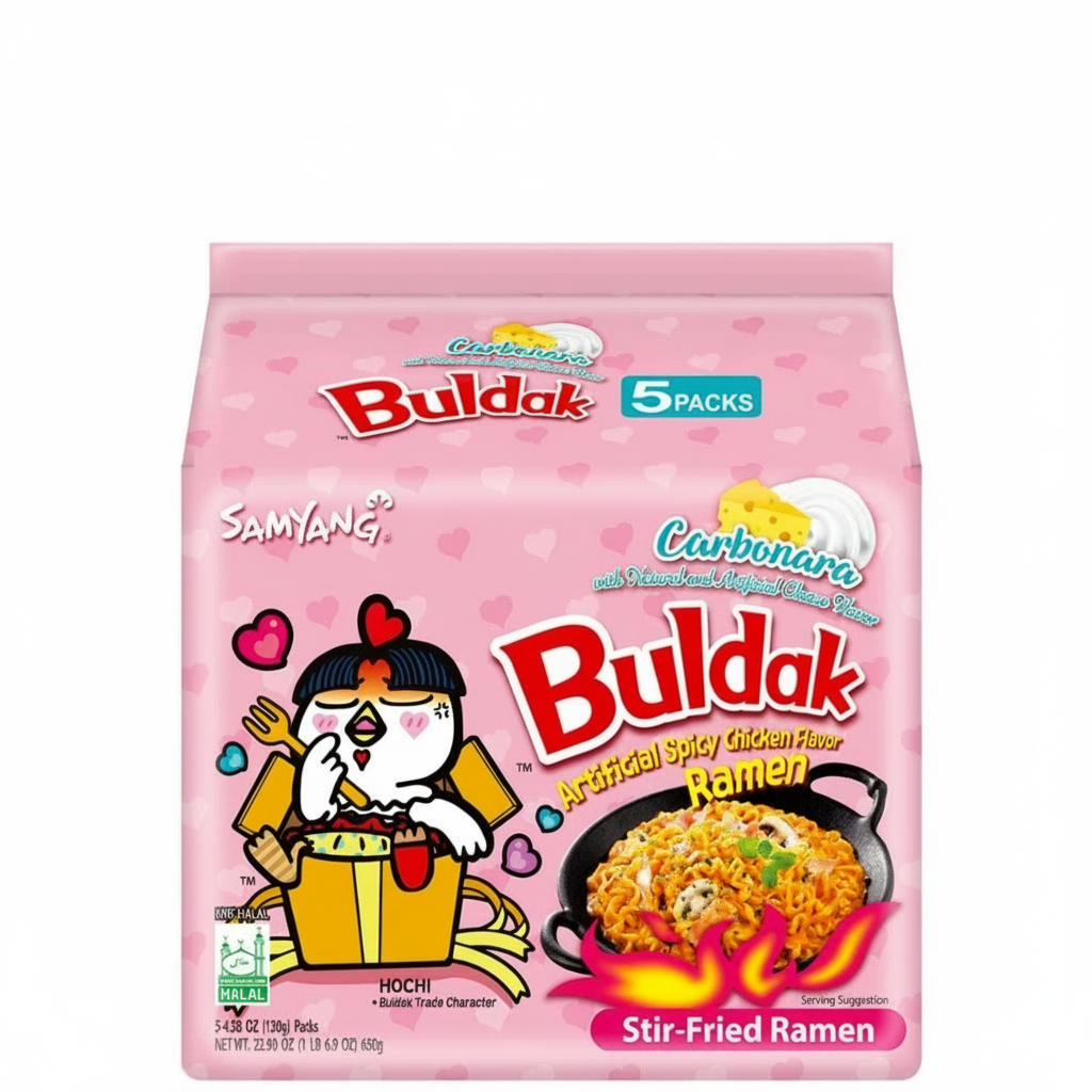 Buldak Stir-Fried Ramen packaging with cartoon character on a pink background