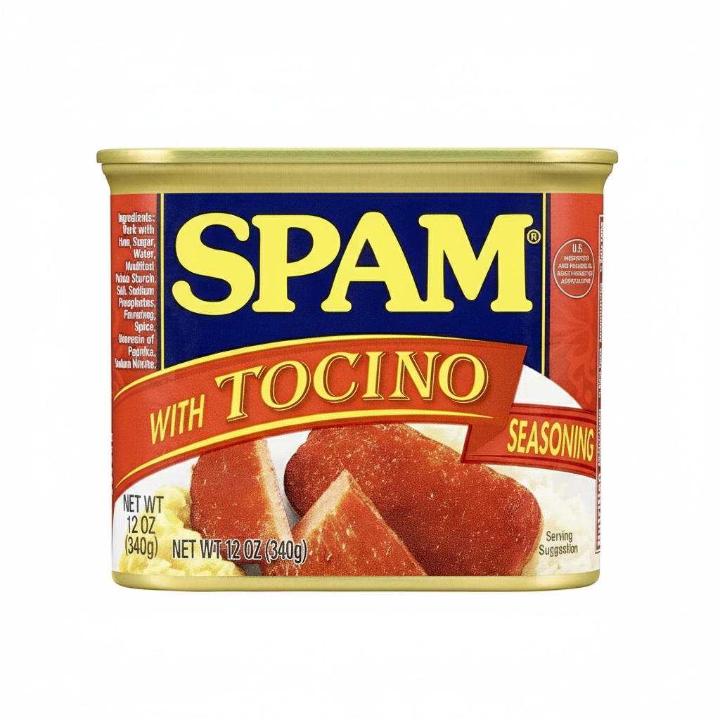 Can of Spam with Tocino seasoning on a white background