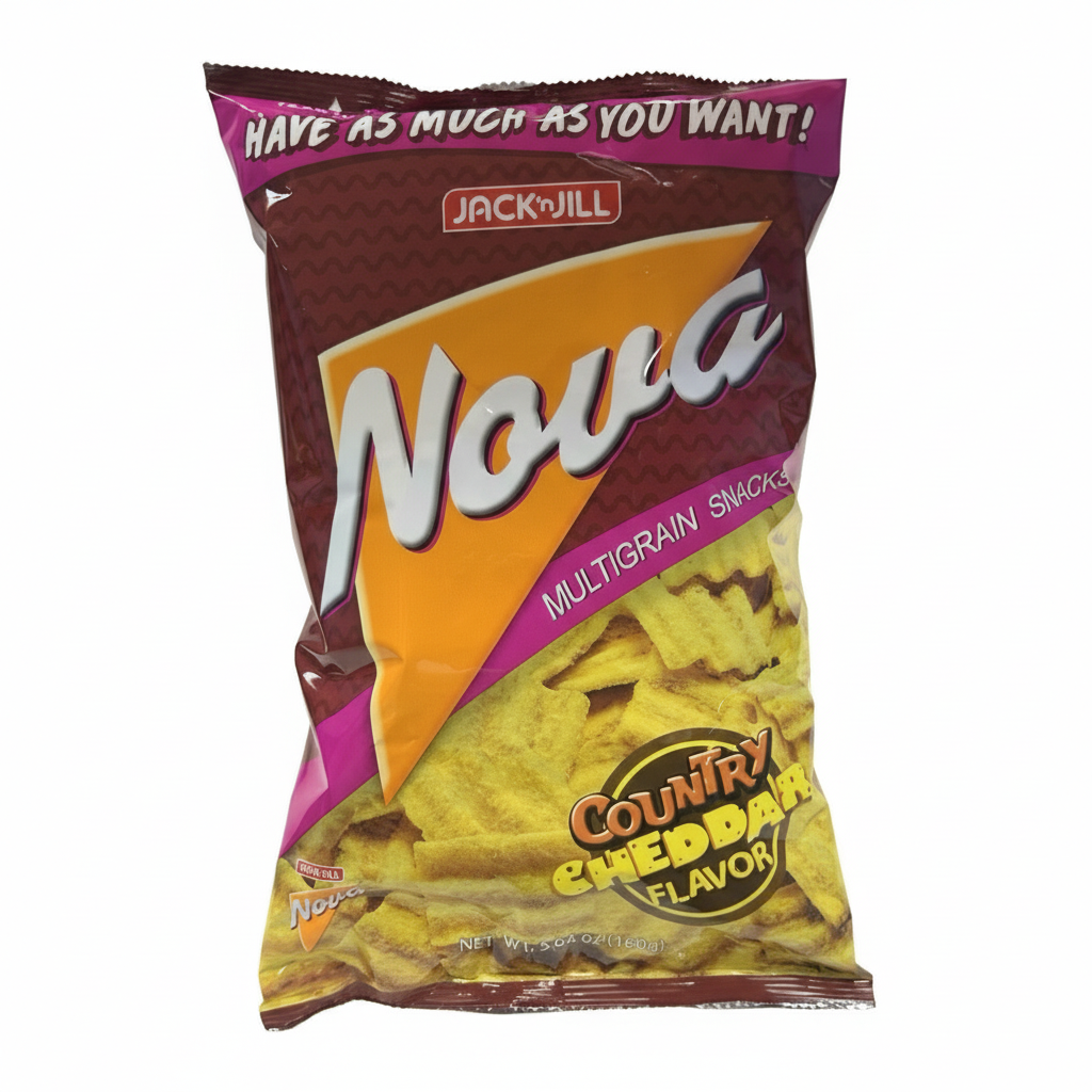 Jack n' Jill Nova multigrain snack packet with Country Cheddar flavor on a white background