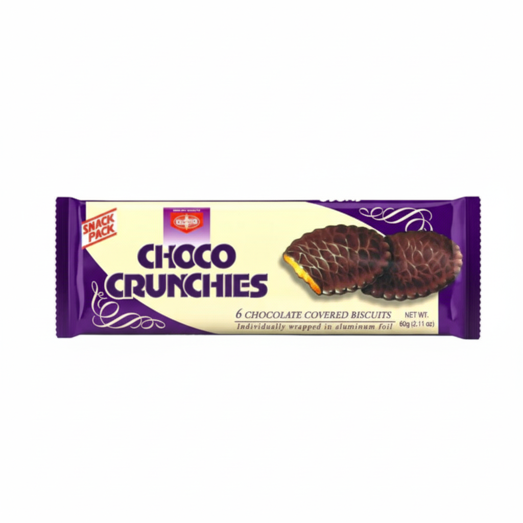 Packaging of Choco Crunchies chocolate-covered biscuits with a purple and white design.