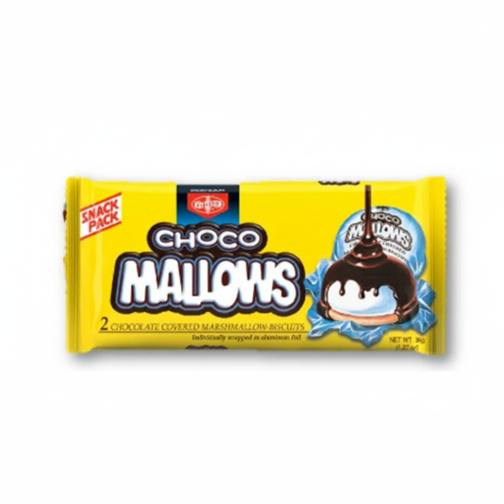Choco Mallows packaging with a yellow background