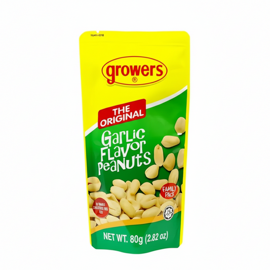 Pack of Growers Garlic Flavor Peanuts on a white background