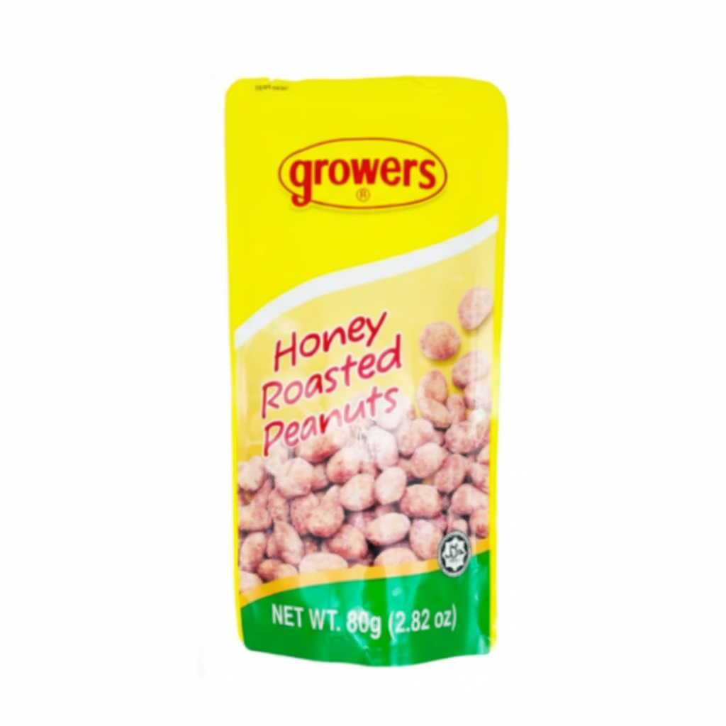 Packaging of Growers Honey Roasted Peanuts on a white background