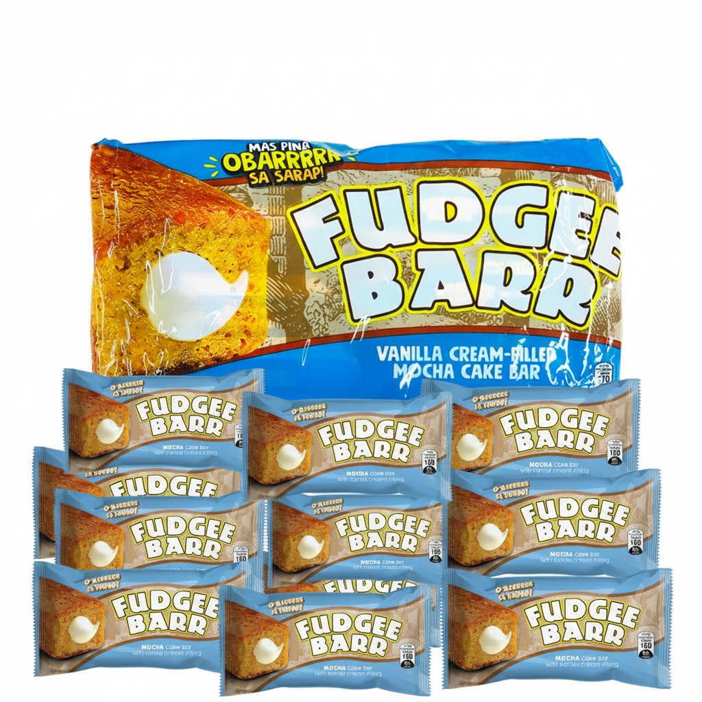 Display of Fudgee Barr snack bars with packaging showing a vanilla cream-filled mocha cake bar.